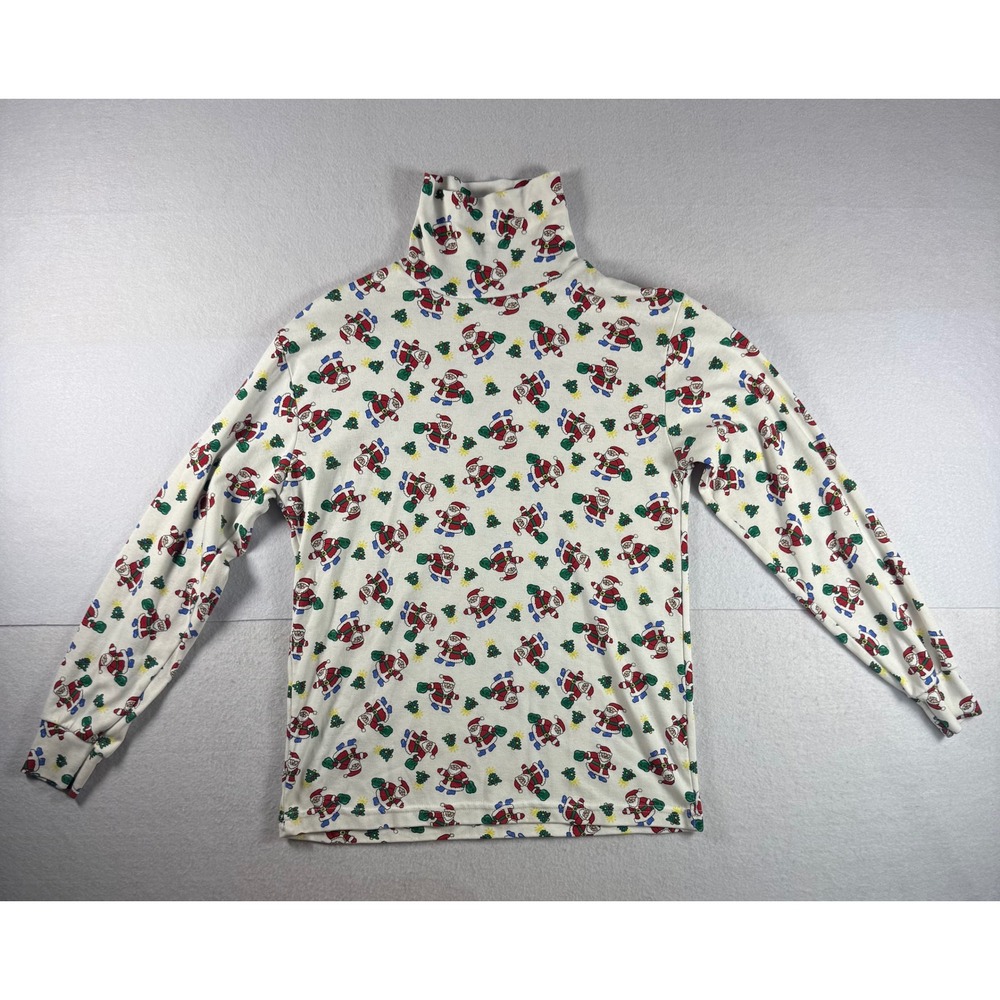 Holiday Time Santa Claus Christmas Tree Turtleneck Top White Long Sleeve Medium